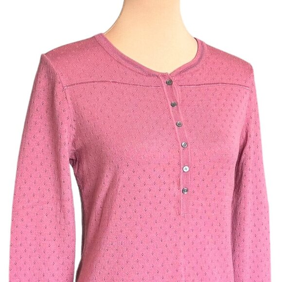 THEORY Wool Henley Sweater Sz.M Pointelle Knit Pink Preppy Lightweight Cottage - Picture 3 of 10